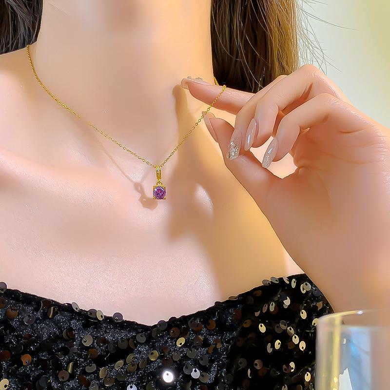 Titanium Steel Purple Square Cubic Zirconia Pendant Necklace Delicate Micro Pave Clavicle Chain Fashion Versatile Jewelry