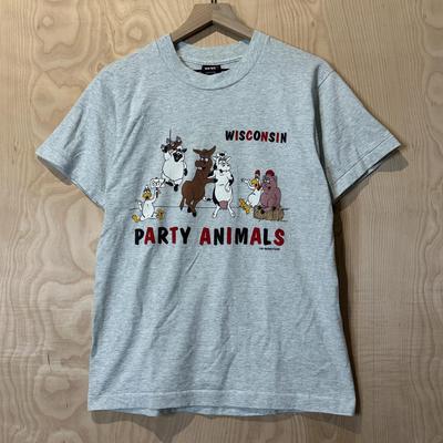 Vintage 90s Party Animals Wisconsin Double Sided Graphic Farm Animals Gray T Shirt Size Medium