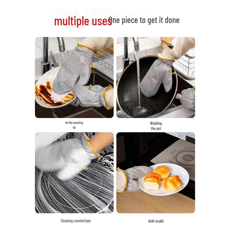 Waterproof Fleece-lined Multifunctional Cleaning Gloves with Silver Wire Dishcloth & Wear-resistant Scouring Pad