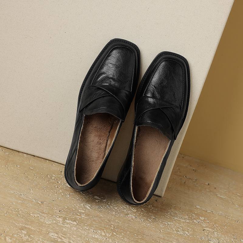 Krazing Pot Cow Leather Square Toe Thick Med Heels Spring Shoes Loafers Oxford Shoes Daily Wear Women Pumps