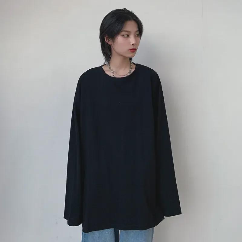 Весна 2025 г. Корейская однотонная свободная футболка с длинным рукавом для женщин - универсальные топы в студенческом стиле