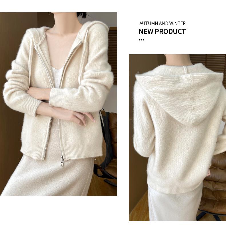 Women's Hooded Wool Knit Cardigan - Autumn & Winter Loose Fit Zipper Sweater Fashion Jacket