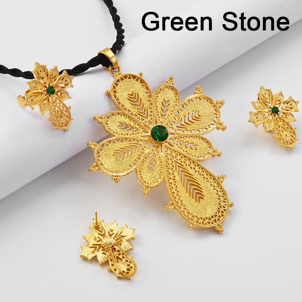 Anniyo Ethiopian Jewelry sets Cross Pendant Necklaces Earrings Rings Silver/Gold Color African Eritrean Habesha Wedding @139216