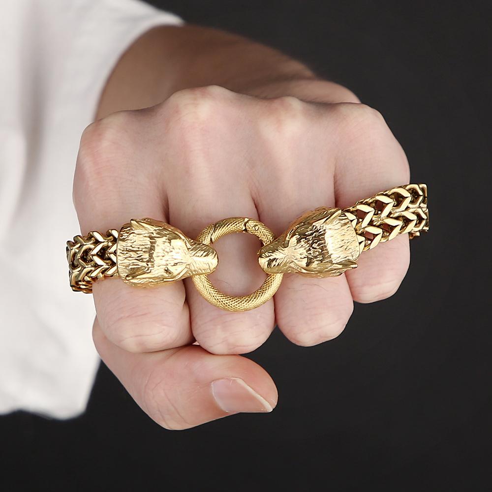 Norse Viking Wolf Head With Square Franco Link Chain Bracelet for Men Stainless Steel Men's Bracelets Masculine Jewelry Gifts