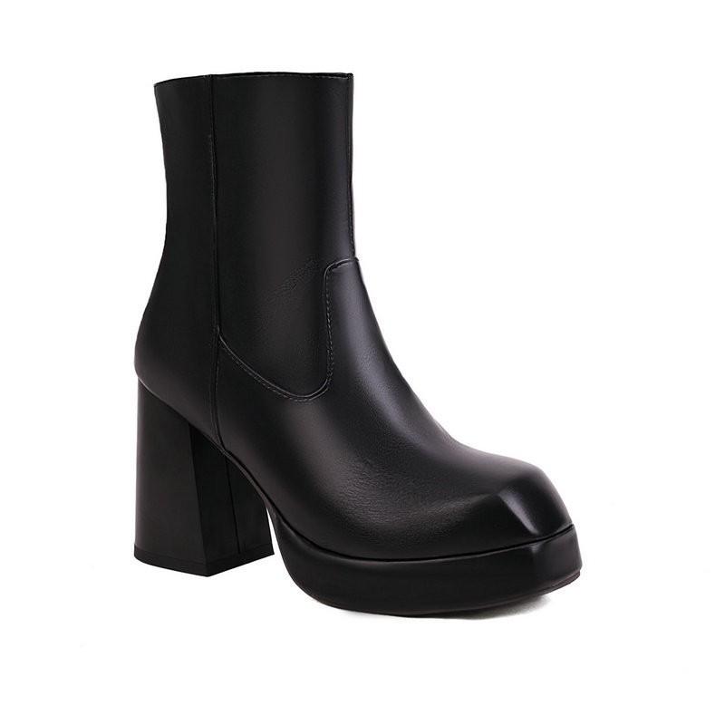 Womens Chunky Heel Square Toe Ankle Boots Side Zipper Winter Fashion Martin
