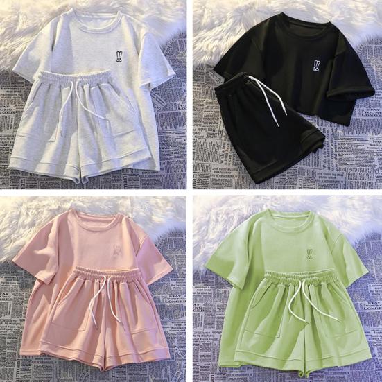 2 шт./компл., женская футболка, шорты, костюм с круглым вырезом, однотонный, с короткими рукавами, топ на шнурке, эластичная талия