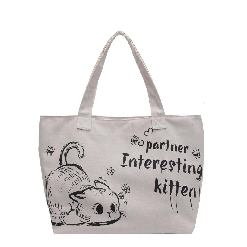 Мультяшная холщовая сумка с надписью «кот» женская 2025 осень и зима новая большая вместительная сумка через плечо универсальная сумка-тоут