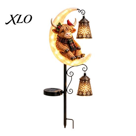 Waterproof Solar Powered Path Lights Highland Cow Moon Garden Light, Christmas Metal Decorative Exterior Figurines Stake Outdoor Yard Lawn Decoration
