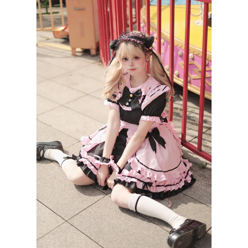 Новый костюм горничной Black Pink Cos Милая девушка Милый кот Бант Мягкий костюм Юбка