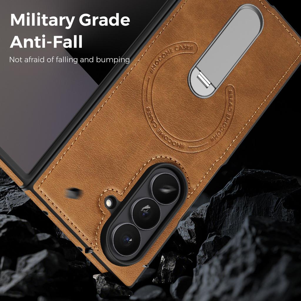 For Samsung Galaxy Z Fold7 5G Magnetic Case Rotating Kickstand Leather Coated PC Phone Cover