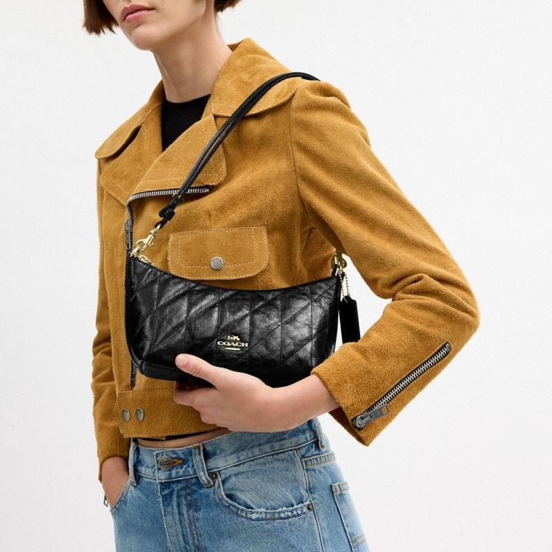 COACH Caitlin 24 Quilted Design Detachable Handle Chain Strap Zipper Closure Calf Leather Shoulder Bag Medium Women's Black