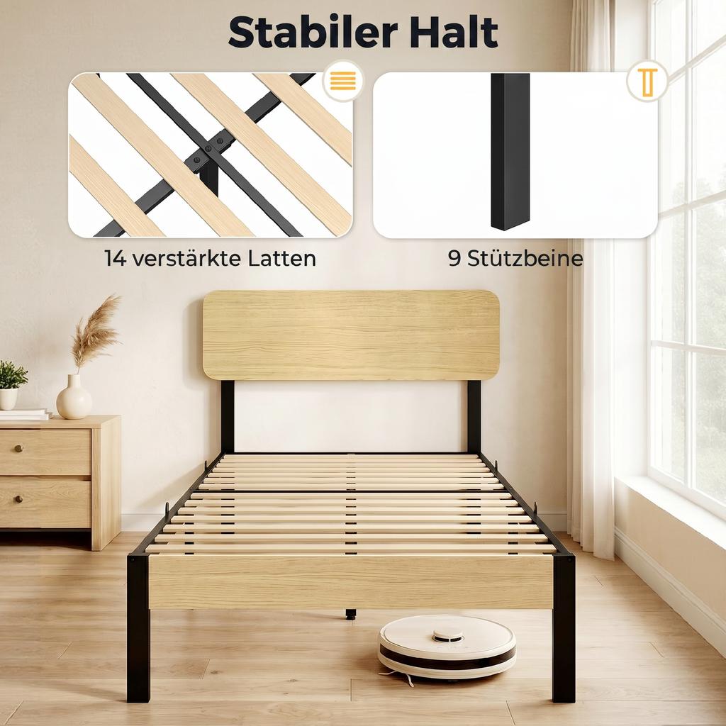 Bed Frame 90 x 200 cm with Headboard, Platform Bed, Single Bed with Under-Bed Storage