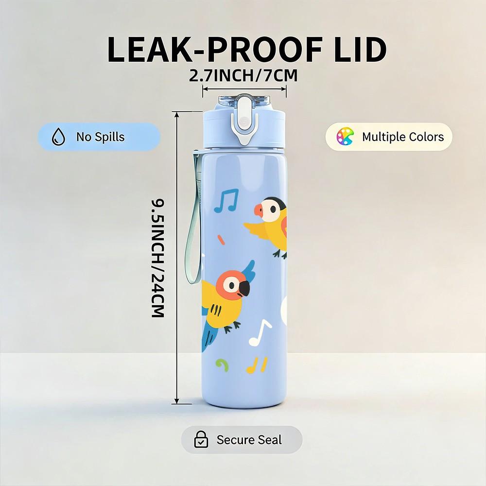 1PC Colorful Bird Repeat Pattern 750ml Color Plastic Sports Water Bottle Leakproof Flip Straw Lid Suitable for Sports Office Home Use