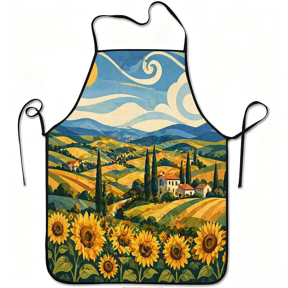 1pc Sunflower Countryside Landscape Print Apron, Durable And Easy to Clean, Adjustable Waistband, Polyester Material, for Kitchen Cooking, Gardening,