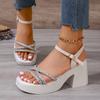 fashion Summer Buckle Strap Square Heel Sandles Elegant Bordered Rhinestone Woman Thick Bottom Sandals Outdoor Comfortable Sandalias