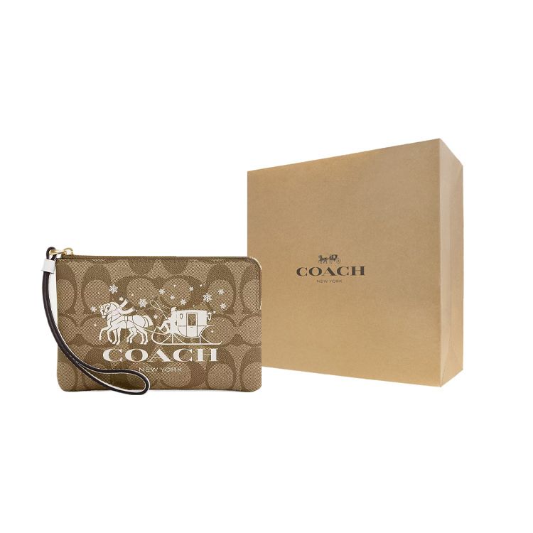 Coach Угловая молния Кошелек на запястье 16 Классический принт Monogram Покрытый холст И гладкая кожа Клатч Мини Женский клатч Золотой Хаки Меловой CN755-IMDJ8