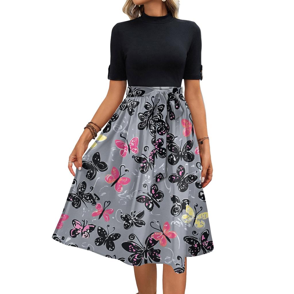 Women's Fashion Casual Belt Short Sleeve Round Neck Floral Elegant Temperament Dress
