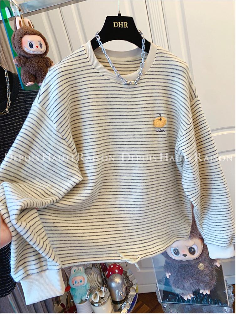 Korean Style Embroidered Pumpkin Stripe Long Sleeve Women's Plus Size Casual Top