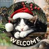 Adorable Cat Wooden Christmas Sign, Christmas Welcome Round Sign for Front Door Wall Hanging Decor, Ideal Christmas Decoration