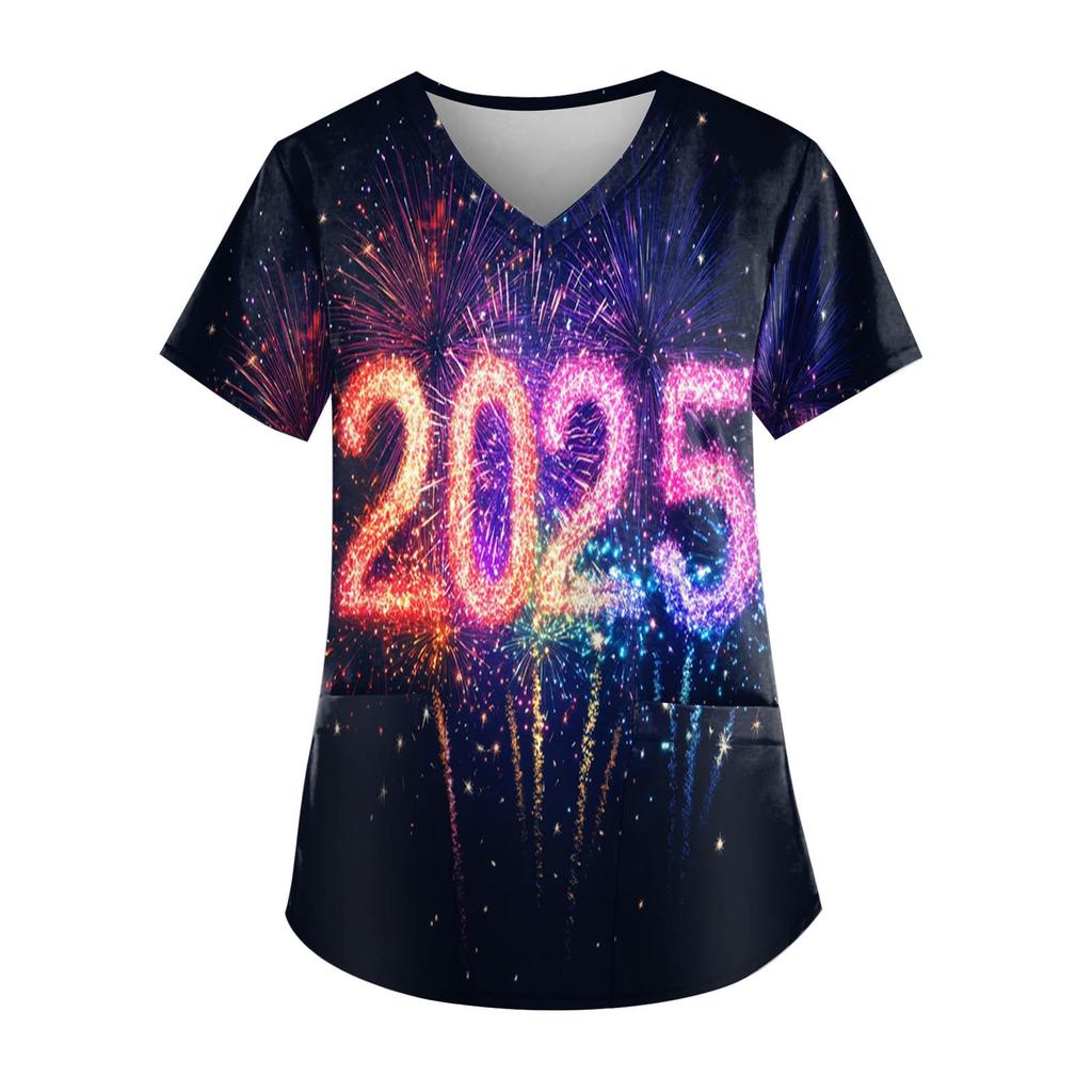 Women's Fashion New Year Printed Short Sleeve V-Neck Top Small Pocket Work T-Shirt