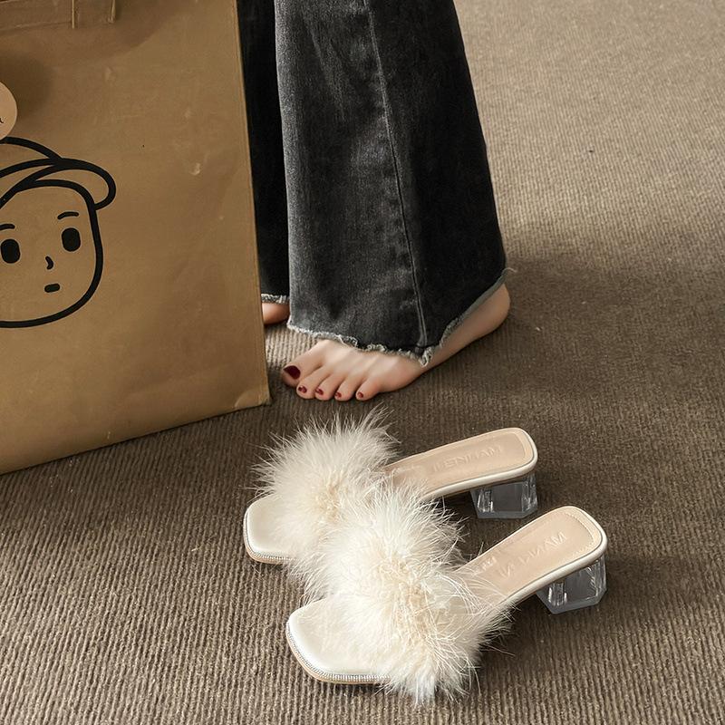 Женские туфли на высоком каблуке 2024 лето новая французская пушистая обувь прозрачные хрустальные туфли толстый каблук квадратный носок слово с сандалиями