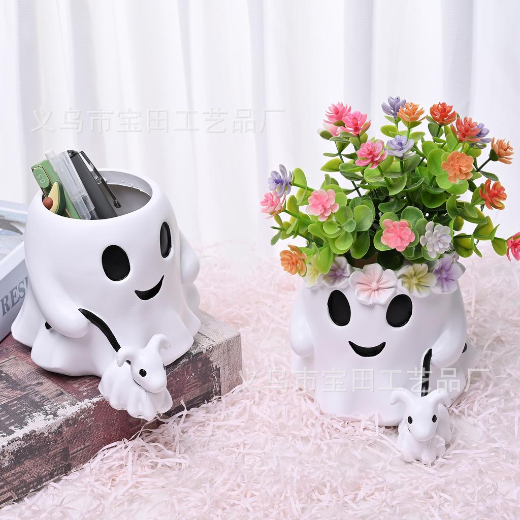 Halloween Ghost Flower Pot Planter Decor, Resin Garden Tabletop Storage Ornament