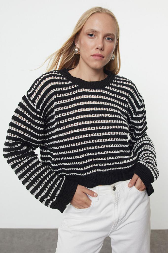 Women's Elegance Style Sweater Black Crop Openwork Perforated Striped Crew Neck Knitwear Sweater
