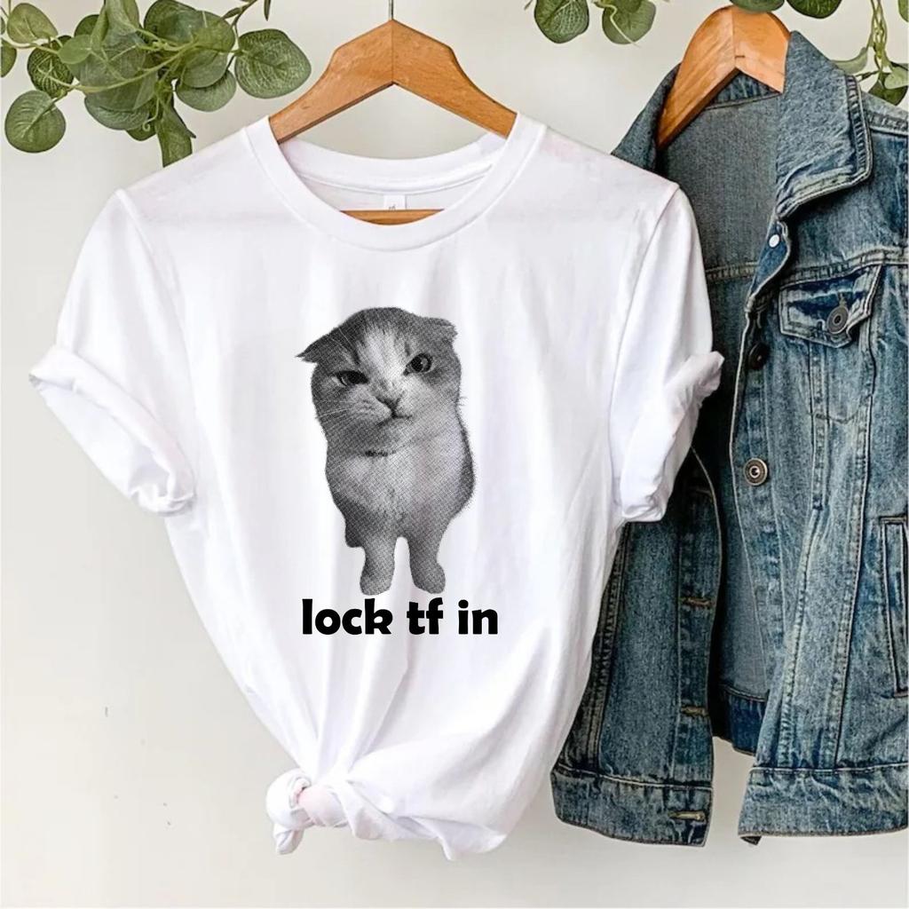 Lock TF In Angry Cat Meme TShirt Funny Kitten Viral Meme Joke Gift Unisex