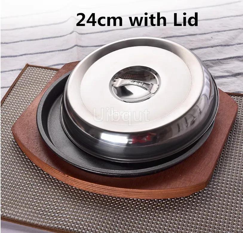 Korean cast iron barbecue pot fried striped steak BBQ grilled plate round household baking raosting pan wooden tray kitchen pan