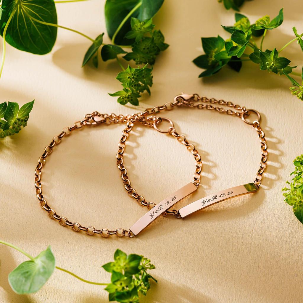 Pair Bracelet Set of 2 Allergy Free Stainless Steel Plate Plain Half Round Chain Simple Surgical Stainless Steel Pink Pink [White Clover] & 15cm-24cm