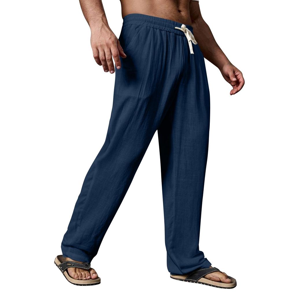 Мужские летние повседневные брюки на шнурке Мужские дышащие брюки из хлопка и льна