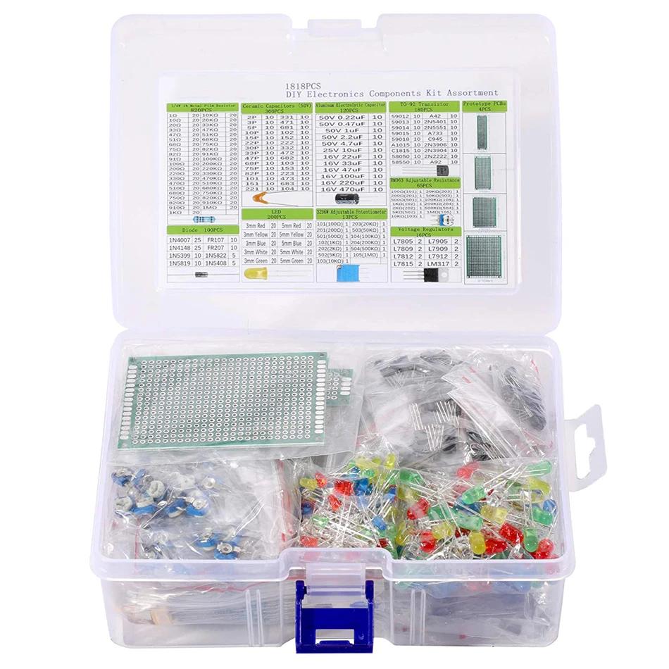 1818pcs Electronic Components Kit Common Capacitors Resistors Capacitors T0-92 LED Transistors PCB Board DIP-IC RM065 diodes
