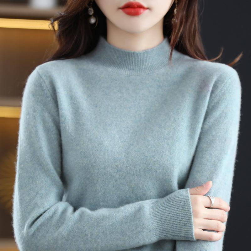 Women's Seamless Pure Wool Sweater: Half-High Neck Pullover, Loose, Warm, Slimming Knitwear.