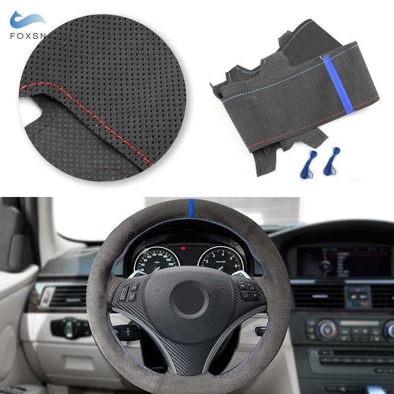Car Steering Wheel Cover Trim Suede Leather Red Blue Line Blue Bar For BMW E82 E87 E90 2008 2009 2010 2011 X1 E84 2012