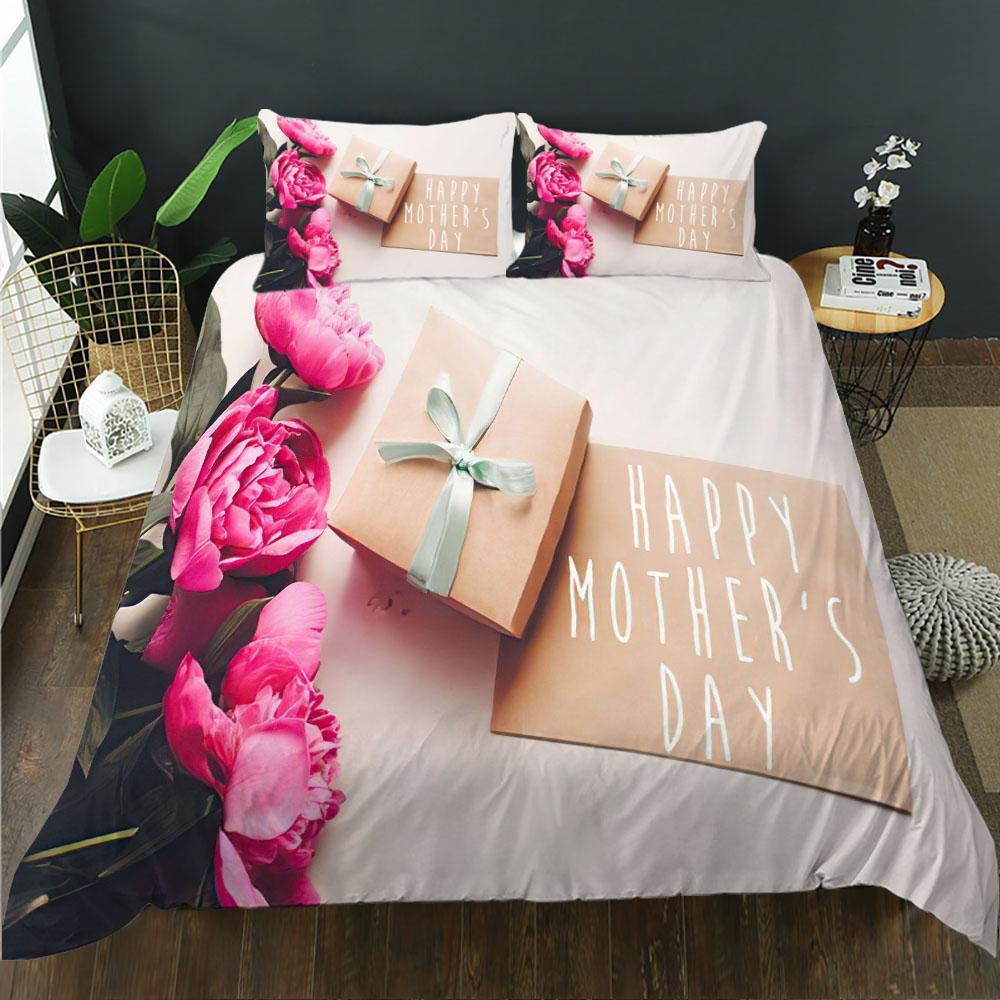 Mother's Day Duvet Cover Set Pink Rose Theme Thanksgiving Gift King Queen Size Polyester Comforter Cover For Mother Bedding Set
