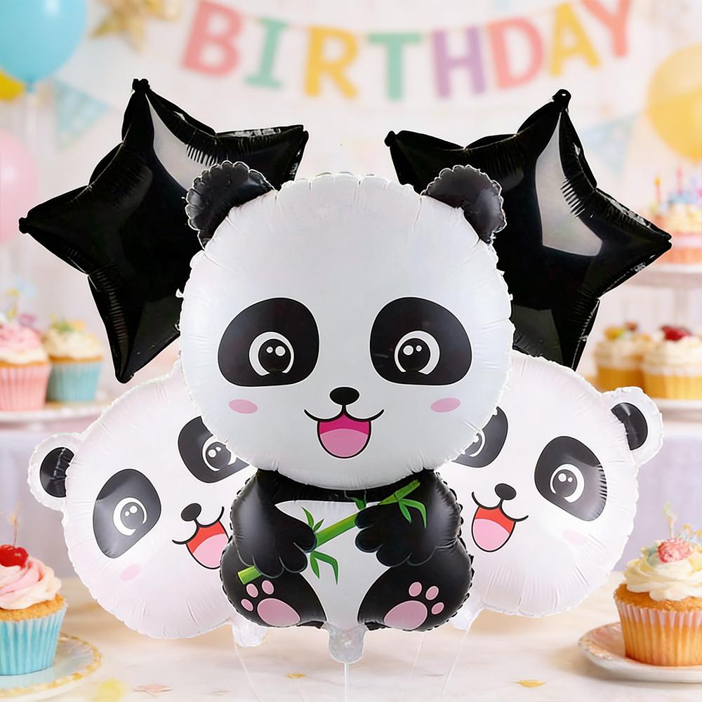 5-Piece Set of Panda Head and Five-Pointed Star Aluminum Foil Balloons, Suitable for Birthday Parties, Panda-Themed Birthday Party Decorations