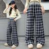 Autumn 2025 Girls' Plaid Wide-Leg Pants - Casual Spliced Waist for Middle and Big Kids