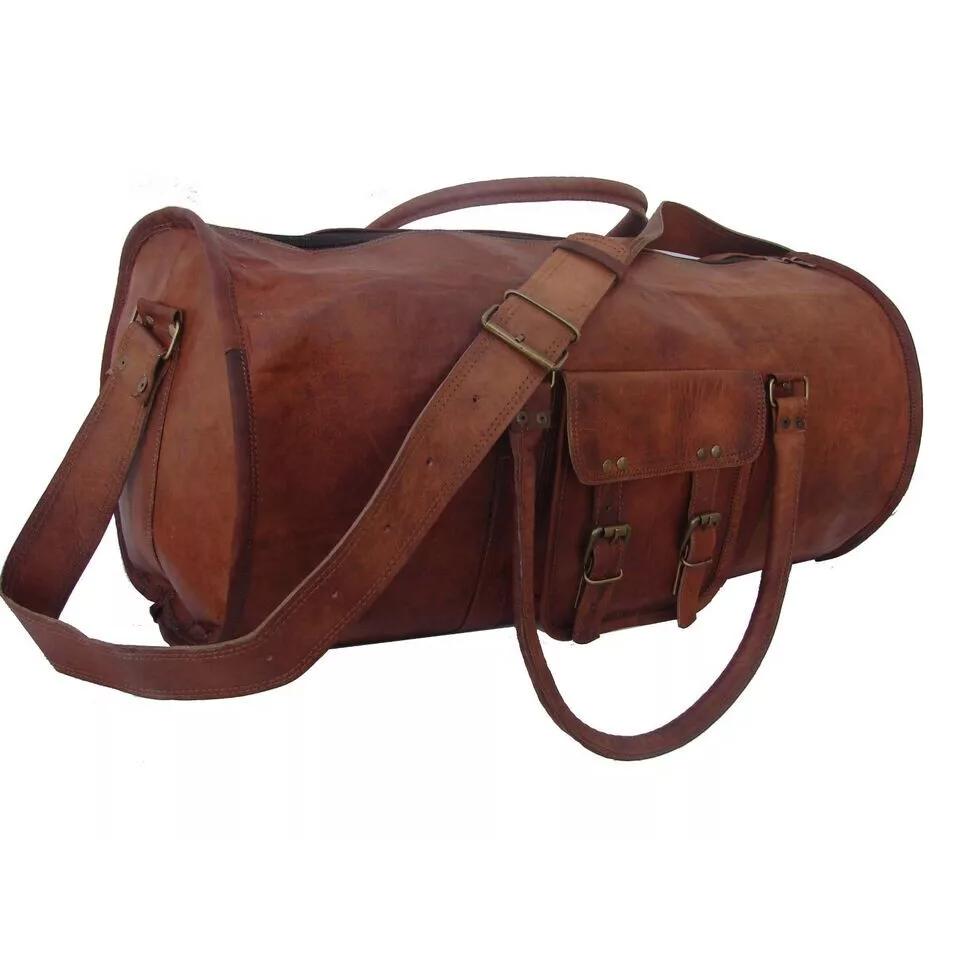 Men's Brown Vintage Genuine Goat Leather Travel Luggage Duffle Gym Bags