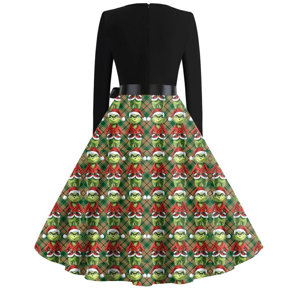 Women's Fashion V-neck Casual Slim-fit Christmas Print Long-sleeved Dress