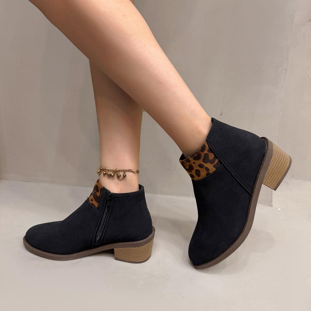 Модные замшевые ботильоны с леопардовым принтом и острым носком для женщин, модная осенняя женская обувь, толстый высокий каблук, короткая молния, челси
