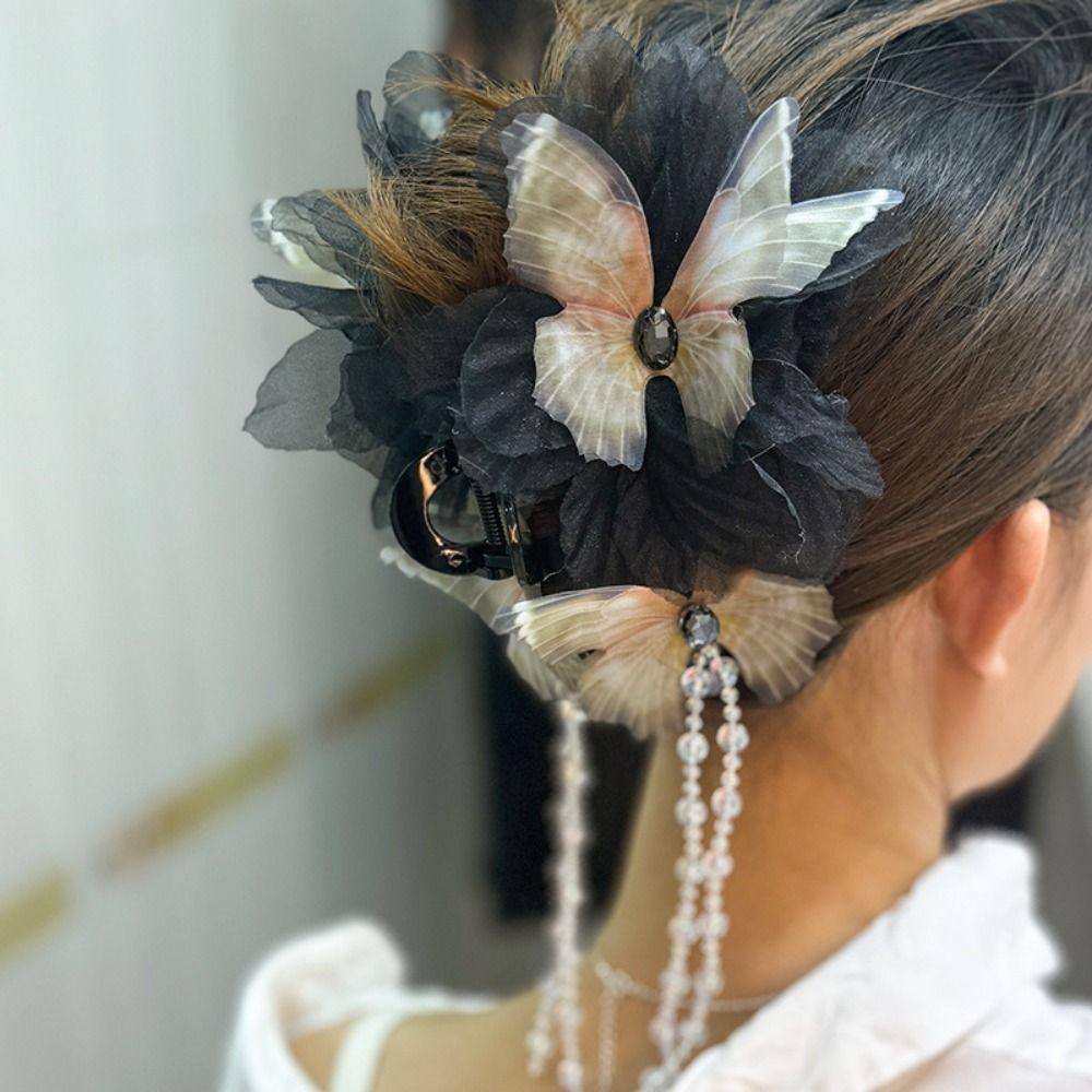 Заколки для волос в виде цветка и бабочки, бусины, зажим для акулы, элегантный зажим для захвата, девочка