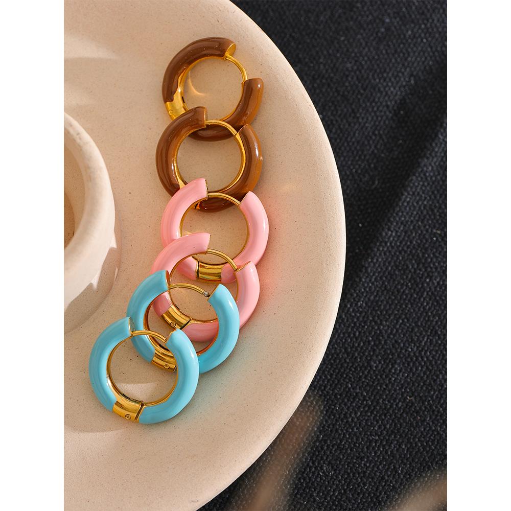 Eetit 20mm Candy Color Blue Pink Brown Enamel Stainless Steel Hollow Hoop Earrings Golden Simple Trendy Y2K Sweet Jewelry Gift