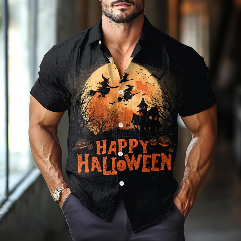 Men's Fashion Casual Loose Halloween Printed Short Sleeve Shirt