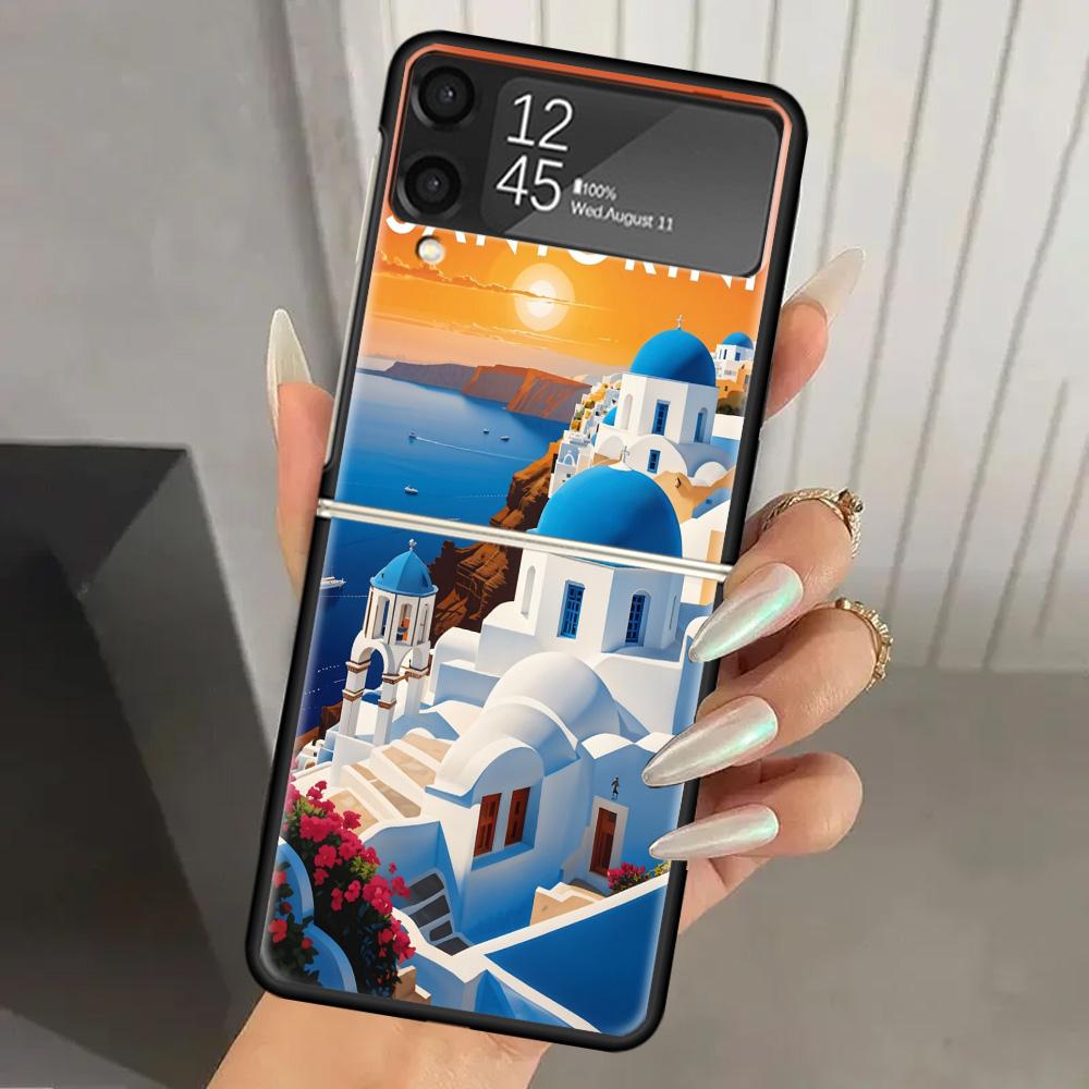 Греция Летом Санторини Жесткий ПК Чехол для Телефона Для Samsung Galaxy Z Flip 7 6 5 4 3 Черный ZFlip7 ZFlip6 Flip5 Flip4 Flip3 5G Печать