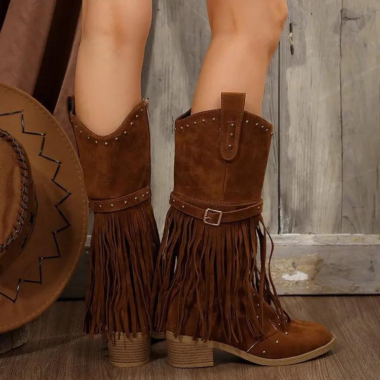 Женские сапоги до середины икры Модные сапоги с острым носком и толстым каблуком Сапоги на высоком каблуке Дизайн с бахромой Модные сапоги Ретро ботильоны до середины икры с заклепками