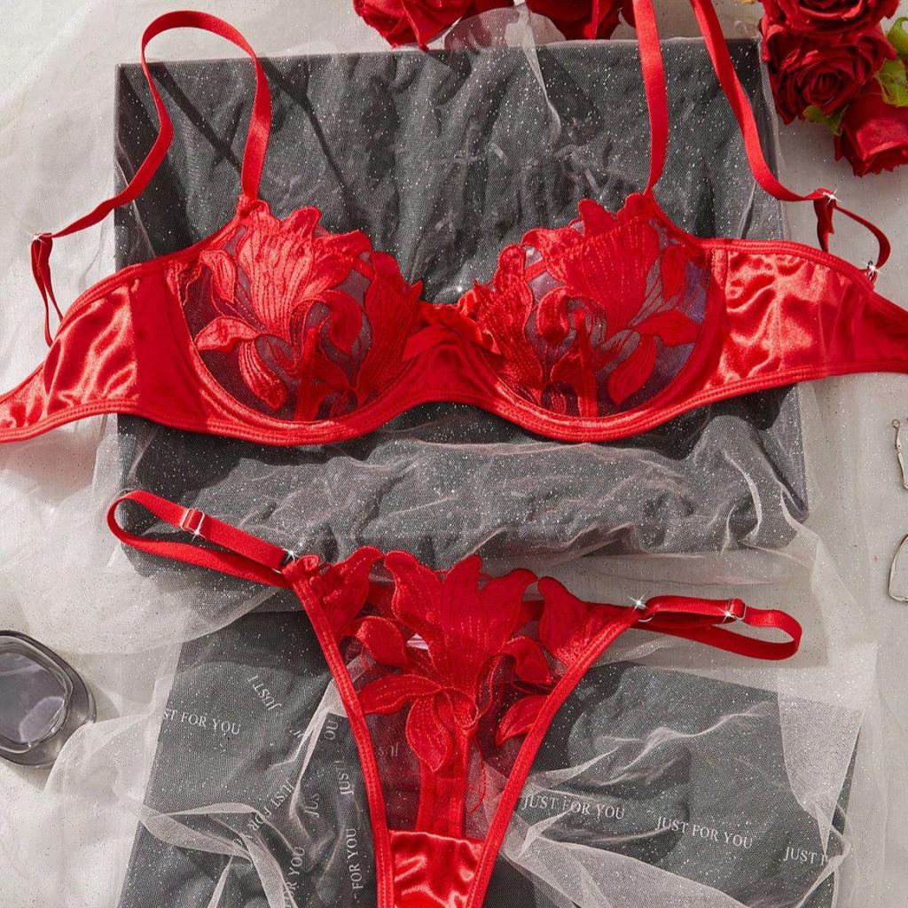 Sweet Lace Embroidered Mesh See-Through Lingerie Set