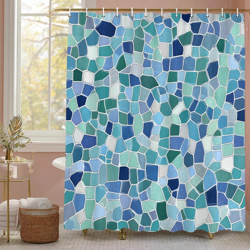 Plaid and Mosaic Geometric Modern Minimalist Shower Curtain, Bathroom Decor Shower Curtain, Waterproof Shower Curtain with Hooks