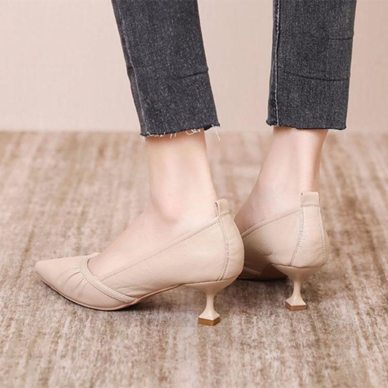 WTEMPO Solid Color High-heeled Shoes Women's Spring and Autumn Thin Heel Pointed Toe Pleated Soft Leather Soft Sole Middle Heel Breathable Shoes