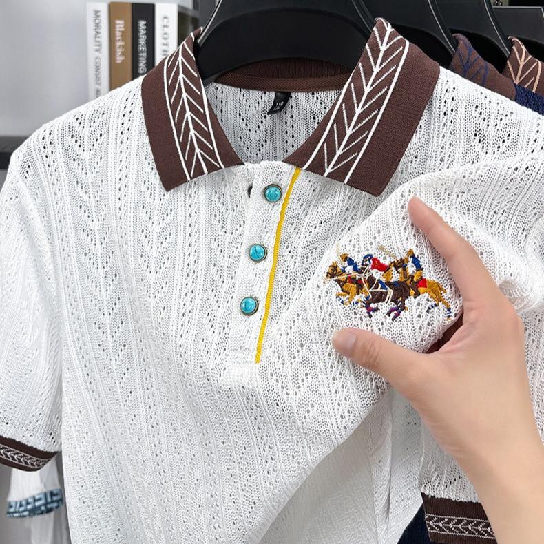 Новая мужская осенняя вязаная футболка с коротким рукавом, жаккардовый топ с вышитым узором