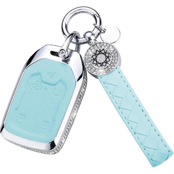 for Volvo Key Fob Cover with Keychain, Blue Leather Rhinestone Key Case Protection Shell Compatible with XC90, XC60, XC40, S60, S90, V60, V90,